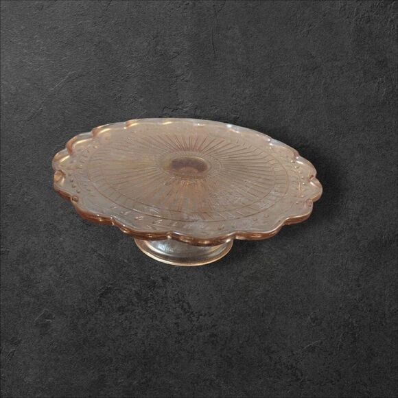 Vintage Pink Depression Glass Cake Stand With Scalloped Edges & Floral Design 9" - Picture 5 of 9